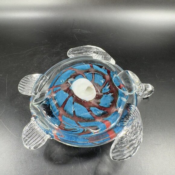 Art Glass Turtle Glass Paperweight Figurine Clear Edges Blue Red Center Glass - Picture 10 of 16